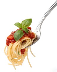 close up top view silver fork with pasta, tomato sauce and basil leaf isolated on clearly white background