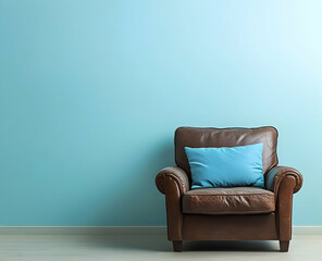A simple leather armchair with a blue cushion on the right side of an empty wall
