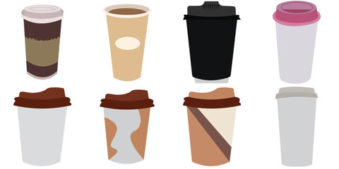 set of cardboard paper cups. Hot coffee and tea takeaway paper cup with lids. Disposable craft brown, white paper coffee and tea cup.