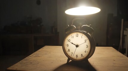 Vintage Alarm Clock Illuminated on Wooden Table in Dimly Lit Room