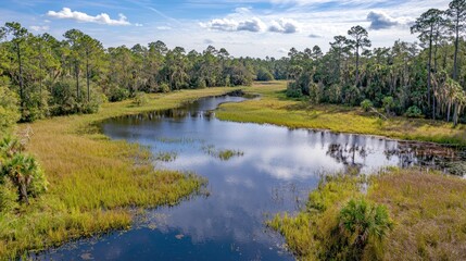 Serene Florida Wetland:  Aerial View of a Tranquil Marsh and Cypress Trees
