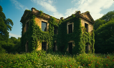 Obraz premium A dilapidated building being overtaken by ivy and wildflowers.