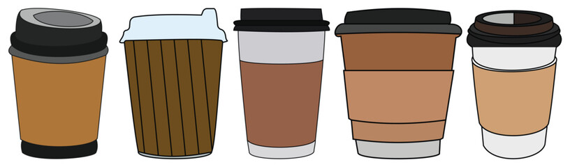set of cardboard paper cups. Hot coffee and tea takeaway paper cup with lids. Disposable craft brown, white paper coffee and tea cup.