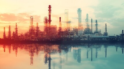 Obraz premium Industrial Refinery Reflecting Sunset Over Water