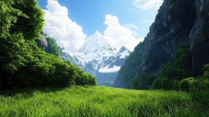 A serene landscape featuring mountains and lush greenery.
