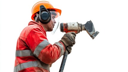 An American construction worker using a jackhammer, wearing ear protection, isolated on white,