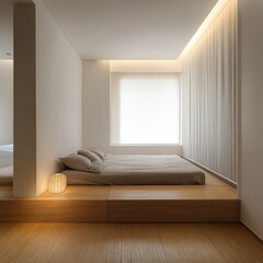 Fototapeta premium Minimalist Modern Bedroom Design With Wooden Platform Bed