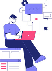 Male Character Working On Laptop With Coding Elements In Flat Vector Illustration Symbolizing Programming, Development, And Technology, Isolated On White Background.