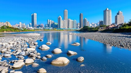 City Skyline Reflected in Calm River