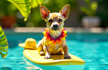 A cute small dog relaxes on a yellow surfboard while floating in a clear blue pool on a sunny day