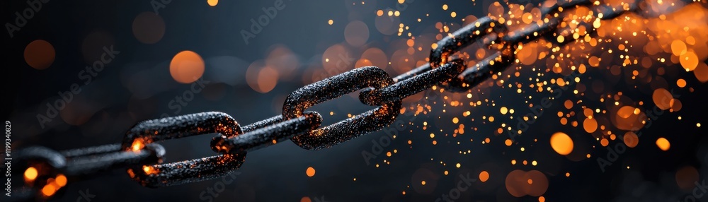 Poster a close-up view of a metallic chain with sparks flying, creating a dramatic effect against a dark ba