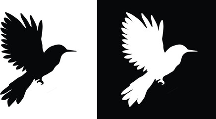 A detailed silhouette of a bird in flight, shown against complementary black and white contrasting backgrounds.