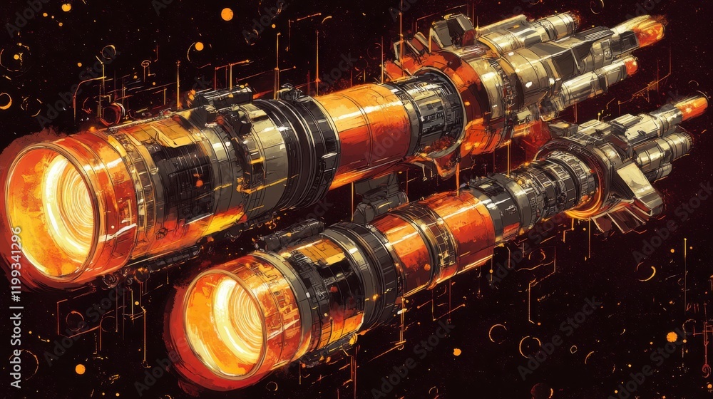 Poster futuristic rocket engines with glowing elements in a high-tech space environment