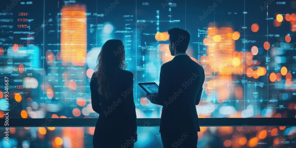Poster executives analyzing financial key metrics on augmented reality displays in a futuristic office