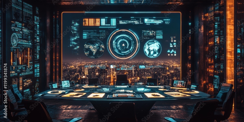 Aufkleber boardroom with futuristic interfaces visualizing executive key metrics during a high-stakes meeting