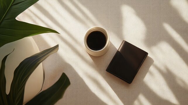 A minimalistic slim wallet made of vegan leather, placed on a light fabric surface