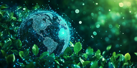 Fototapeta premium Digital representation of Earth surrounded by lush green leaves symbolizing nature and technology