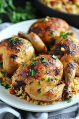 Roasted cornish hen with herbs on a bed of couscous