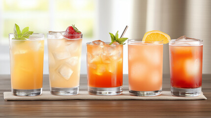 Fototapeta premium Experience a spectrum of flavors with our vibrant cocktails, served in elegant glasses. A perfect blend of taste, style, and creativity for any occasion.