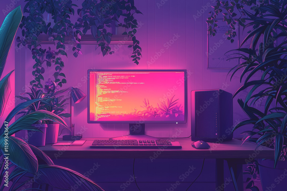 Aufkleber computer on a desk with a plant nearby workspace setup for productivity and comfort modern office en