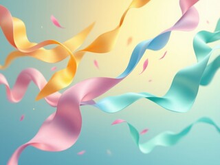 Colorful Silk Ribbons Floating on a Soft Gradient Background with Petals