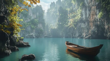 Fototapeta na wymiar A rustic fishing boat anchored in a quiet cove surrounded by jagged cliffs and lush greenery