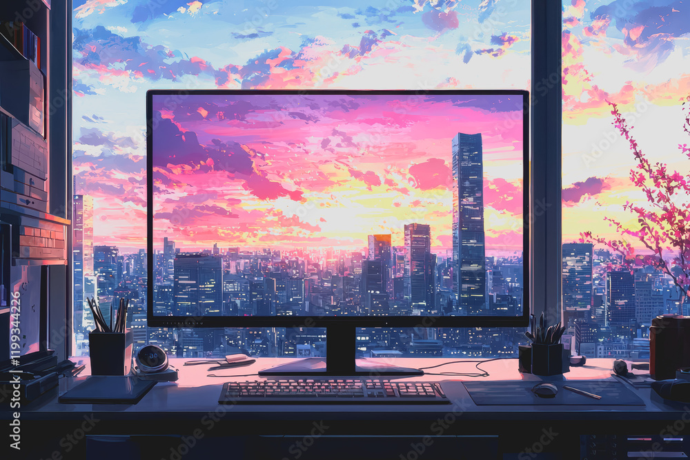 Poster computer on desk in front of window bright workspace with natural light modern office setup producti