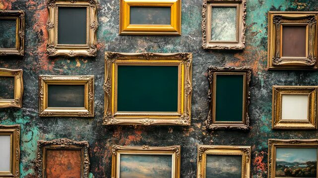 Artistic display of empty picture frames arranged on a textured wall with vintage aesthetic in a creative space