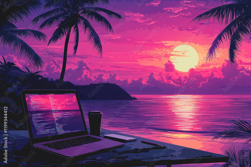 Poster laptop computer on table with beautiful sunset background warm colors of sunset sky creating a relax