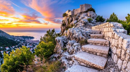 Sunset over coastal ruins