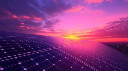Eco-friendly solar power plant at sunset showcasing rows of photovoltaic panels and the beauty of sustainable solutions