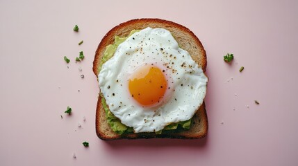 Avocado toast with egg on a minimalist background, healthy breakfast photography.