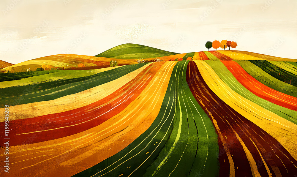 Poster vibrant autumnal landscape painting of rolling hills with colorful fields and a cluster of trees on 