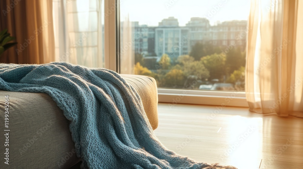 Poster a soft blanket on a modern sofa with natural light streaming through a large window