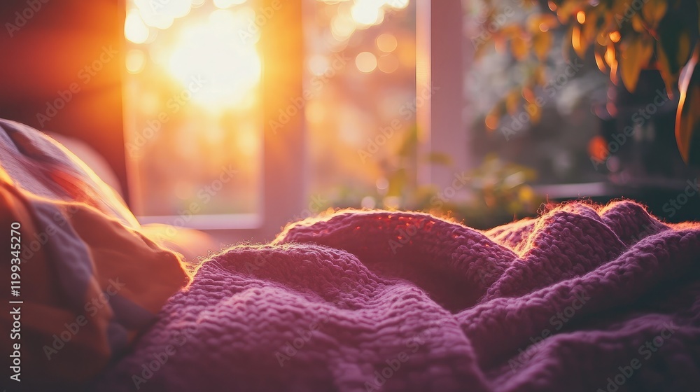 Poster a soft blanket on a modern sofa with natural light streaming through a large window