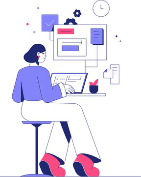 Female Developer Working On Laptop In Flat Vector Illustration Symbolizing Programming, Creativity, And Productivity, Isolated On White Background.