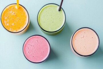 Naklejka premium Refreshing flat lay of vibrant smoothies with colorful fruits on a pastel blue surface