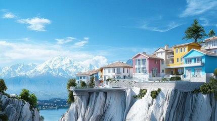 Colorful houses on a cliff with mountains and a lake in the background.