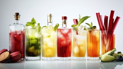 National Rhubarb Vodka Day Assorted refreshing cocktails with fresh mint and rhubarb garnishes for summer party celebration