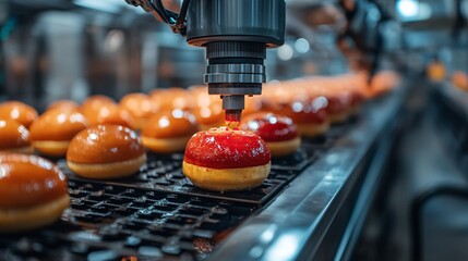 Advanced robotic arms performing food quality checks in a futuristic manufacturing facility, blending technology with food production.