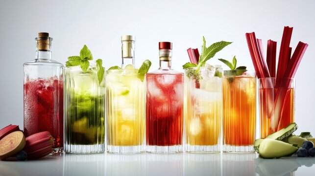 National Rhubarb Vodka Day Assorted refreshing cocktails with fresh mint and rhubarb garnishes for summer party celebration - Powered by Adobe