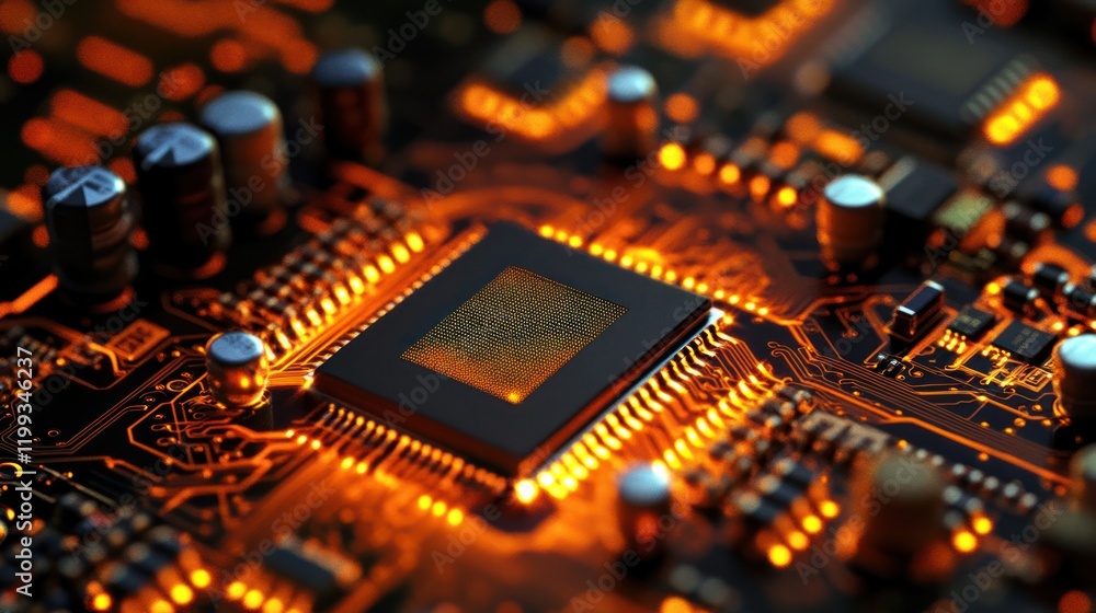 Poster illuminated cpu on circuit board, technology background, data processing