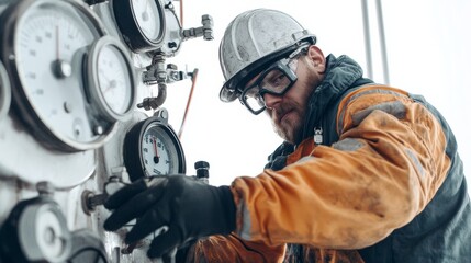 An American refinery worker monitoring gauges and controls, isolated on a bright white backdrop,