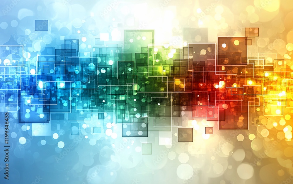 Poster abstract colorful background with glowing squares and bokeh lights.