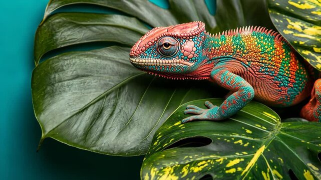 Colorful lizard perched on large green leaves in a tropical setting with vibrant colors and textures