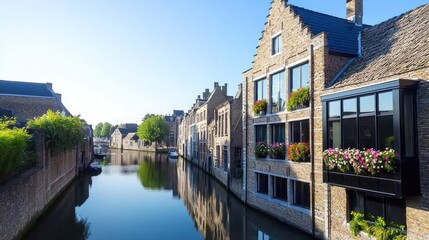 Scenic canal view with charming houses and vibrant flowers.