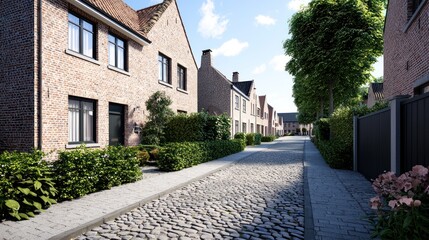 Serene street view with brick houses and lush greenery.