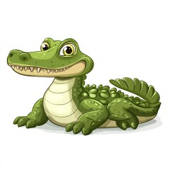 Fototapeta premium Cartoon green crocodile lying down, isolated on white background, for children's use