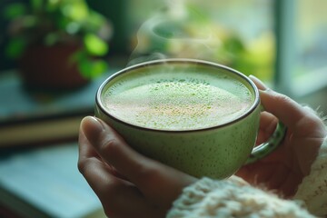 Warm cup of herbal tea held in cozy hands near a window with plants