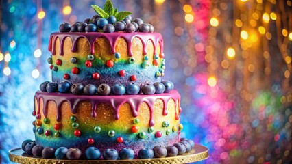 A vibrant colorful birthday cake with a tiered design and intricate patterns, topped with a sprinkle of edible glitter and shining blueberries, dessert, dessert table